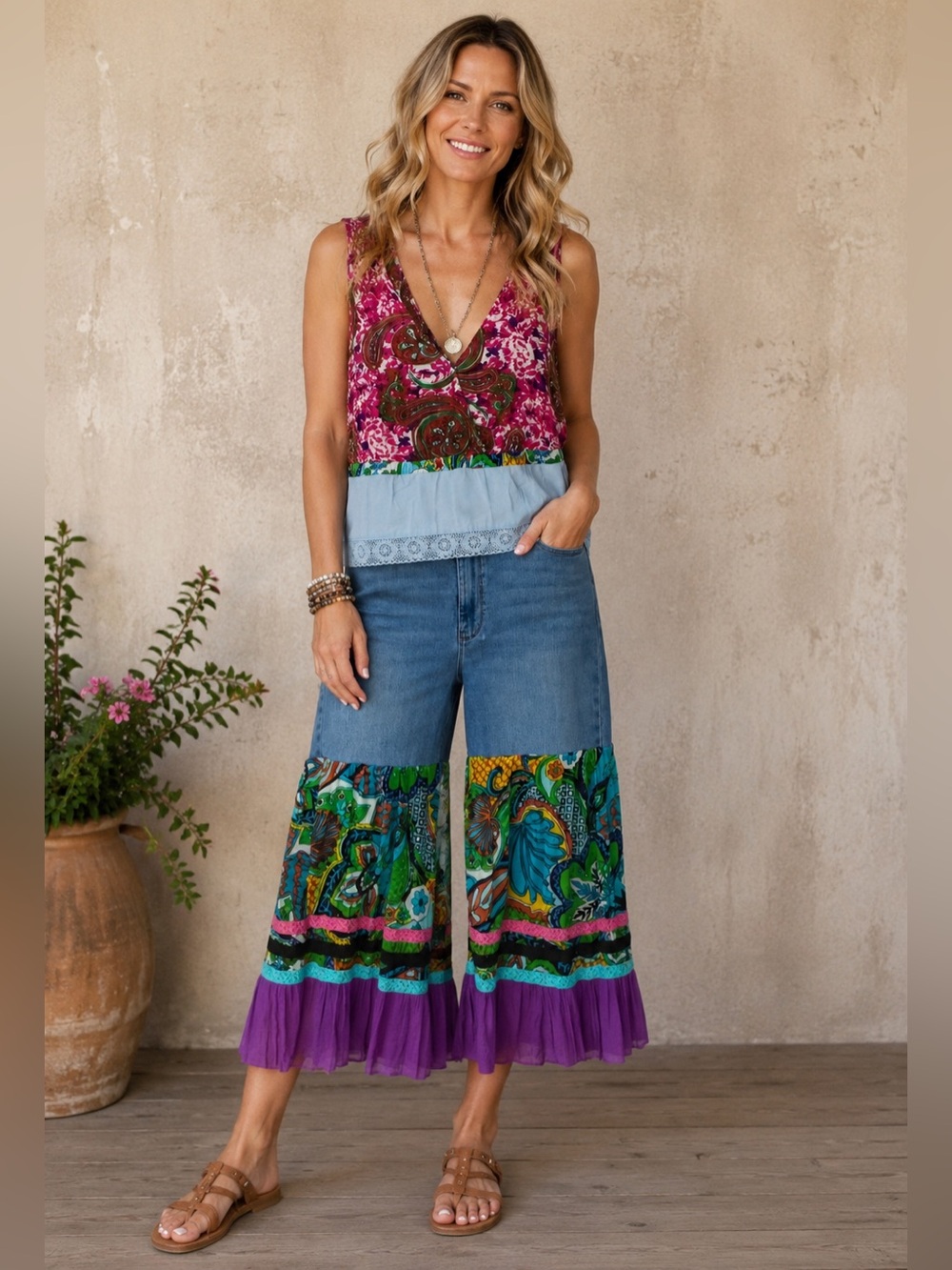 Upcycled Set of FloralTop & Wrangler Wide-Leg Gouchos